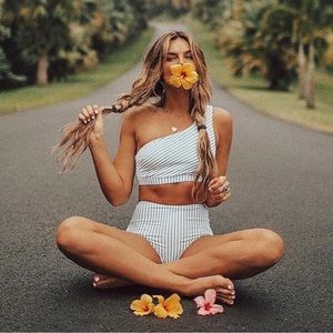 Albion Fit breezy stripe one shoulder swim top